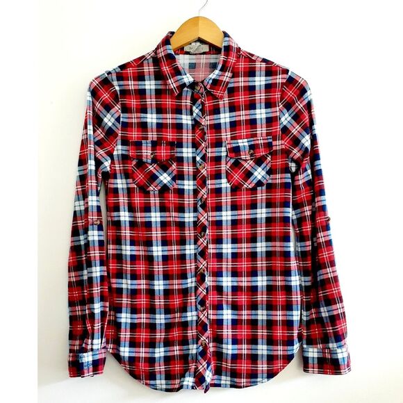 Passport Plaid Red Blue Roll Tab Sleeves Button Shirt Medium - Picture 3 of 7
